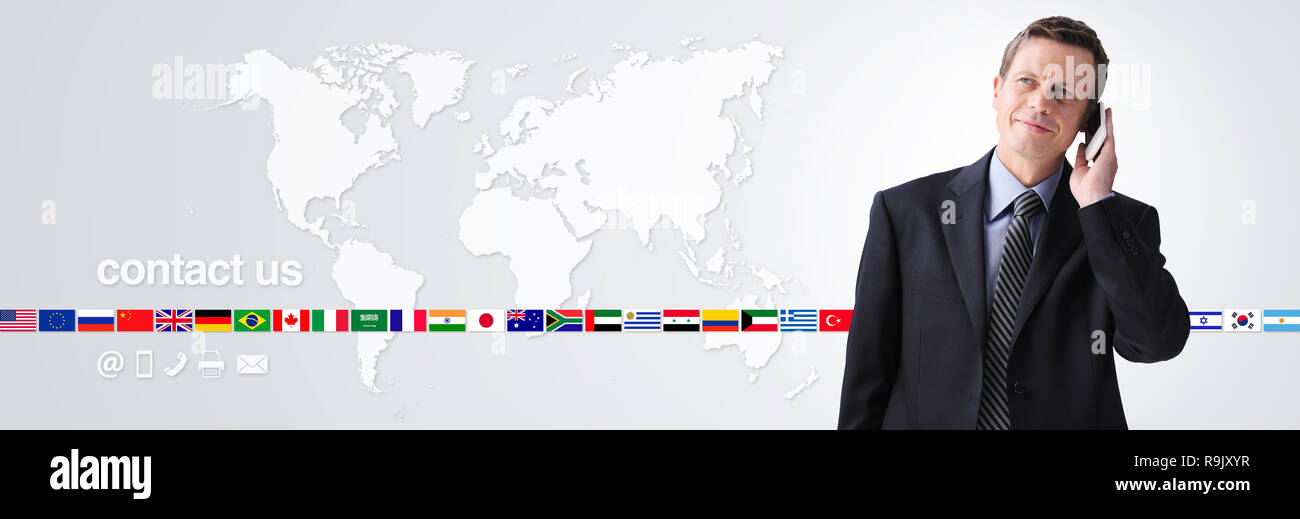 International Contact Us Concept Businessman With Mobile Phone