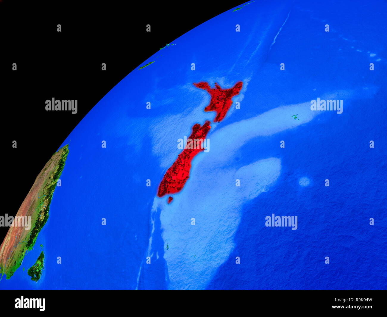New Zealand from space. Earth with country borders and extremely