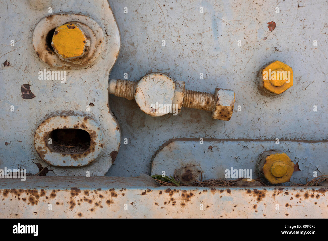 Old rusty screws on a neglected panel Stock Photo