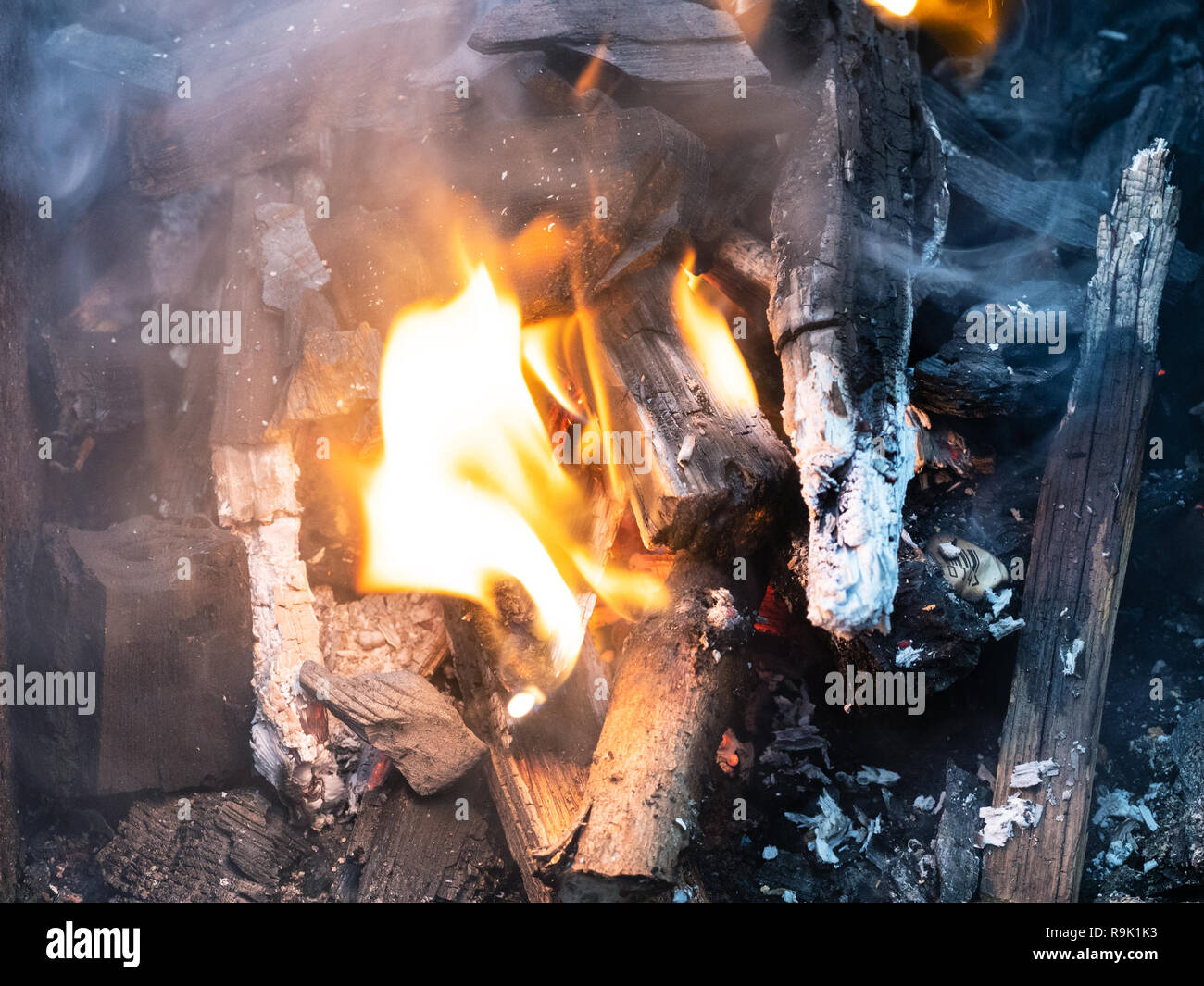 burning firewood and charcoal close up in grill Stock Photo Alamy