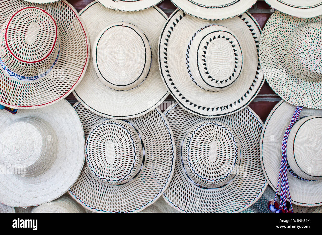 Panamanian hats for sale. There are a variety of traditional Panamanian hats, which differ from the well known Panama Hats (from Ecuador) Stock Photo