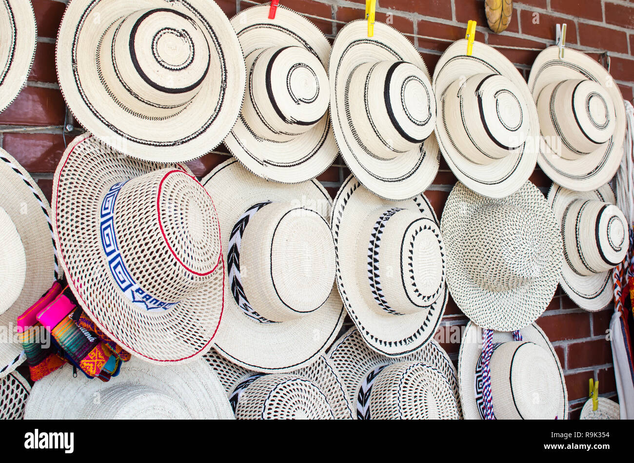 Panamanian hats for sale. There are a variety of traditional Panamanian hats, which differ from the well known Panama Hats (from Ecuador) Stock Photo