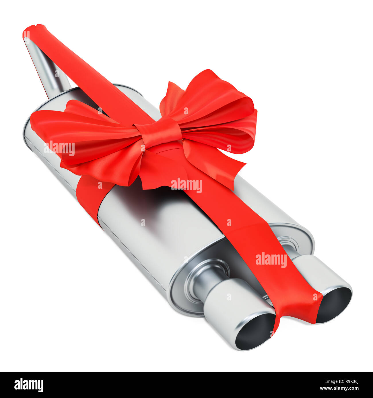 Car exhaust pipe wrapped ribbon and bow, gift concept. 3D rendering