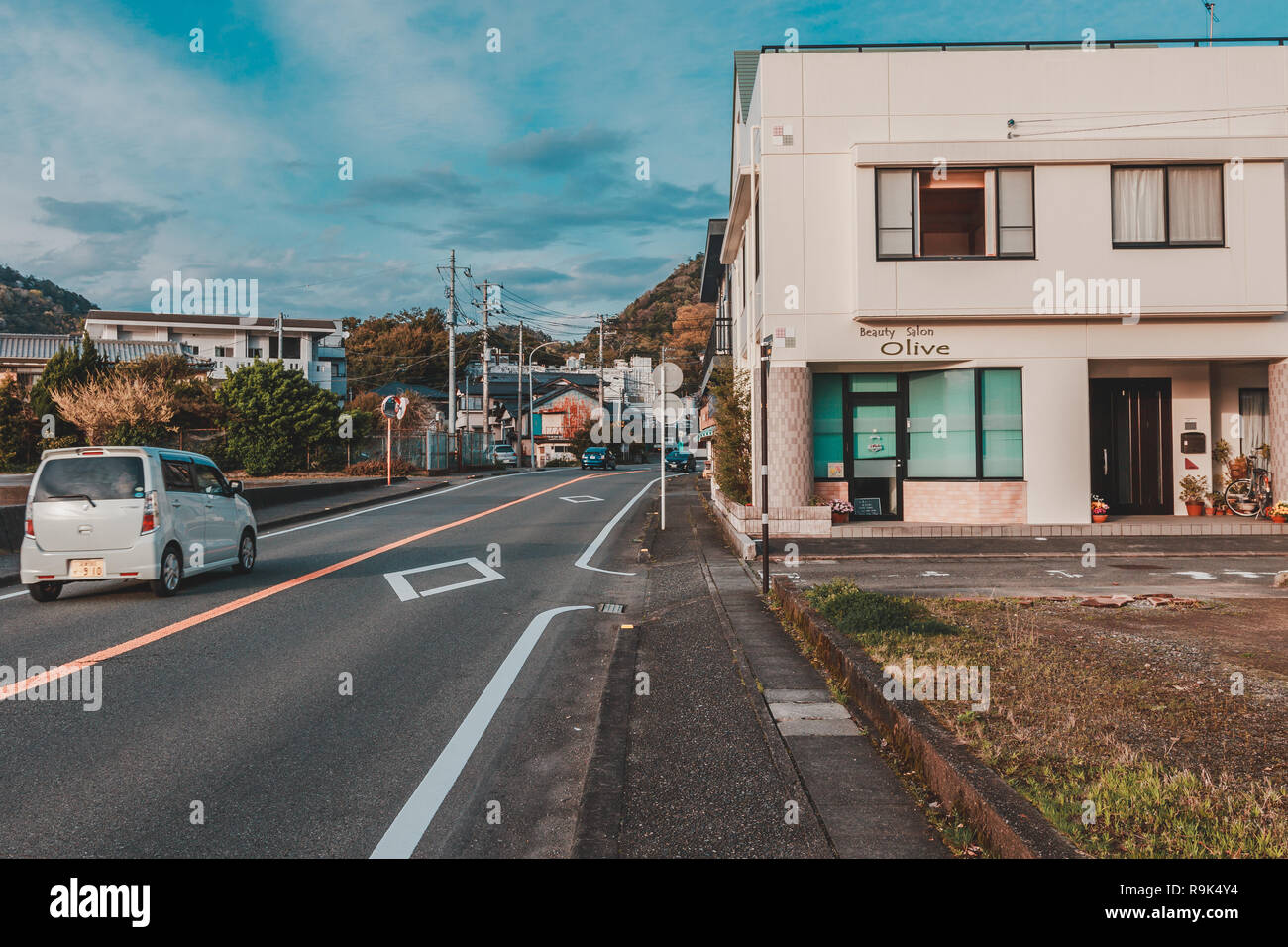 Street in Uchiura, rural (countryside) area, in Japan with power ...