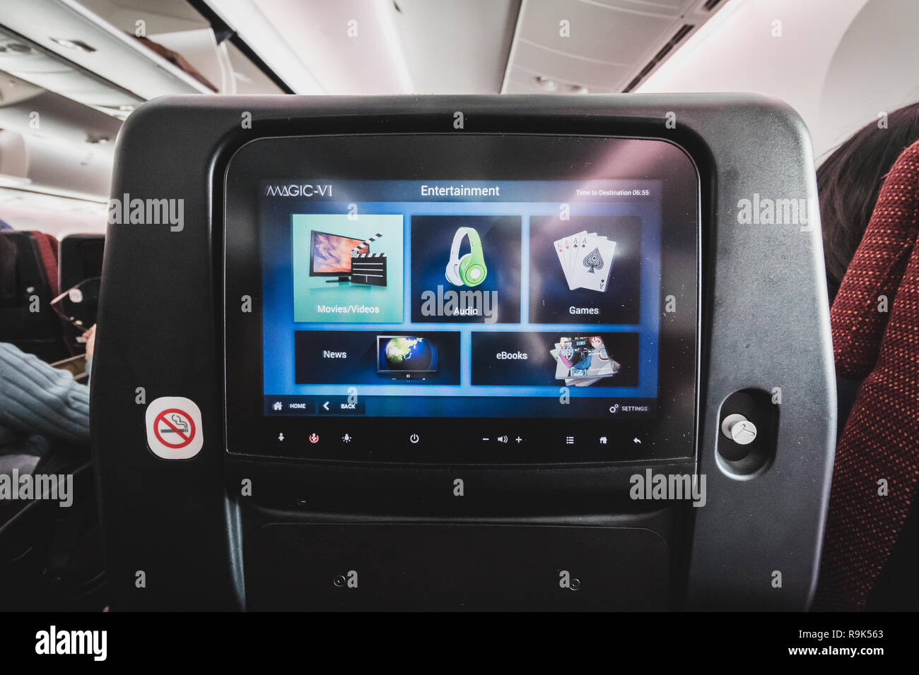 New In flight entertainment screen on a new plane with touch screen.  Powered by Android operating system Stock Photo - Alamy