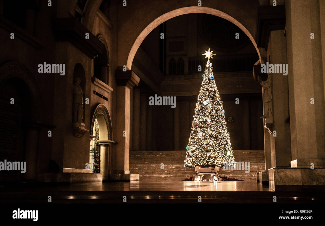 Huge Christmas Tree in front of CL Building in the center of the campus of Assumption University of Thailand during the night Stock Photo