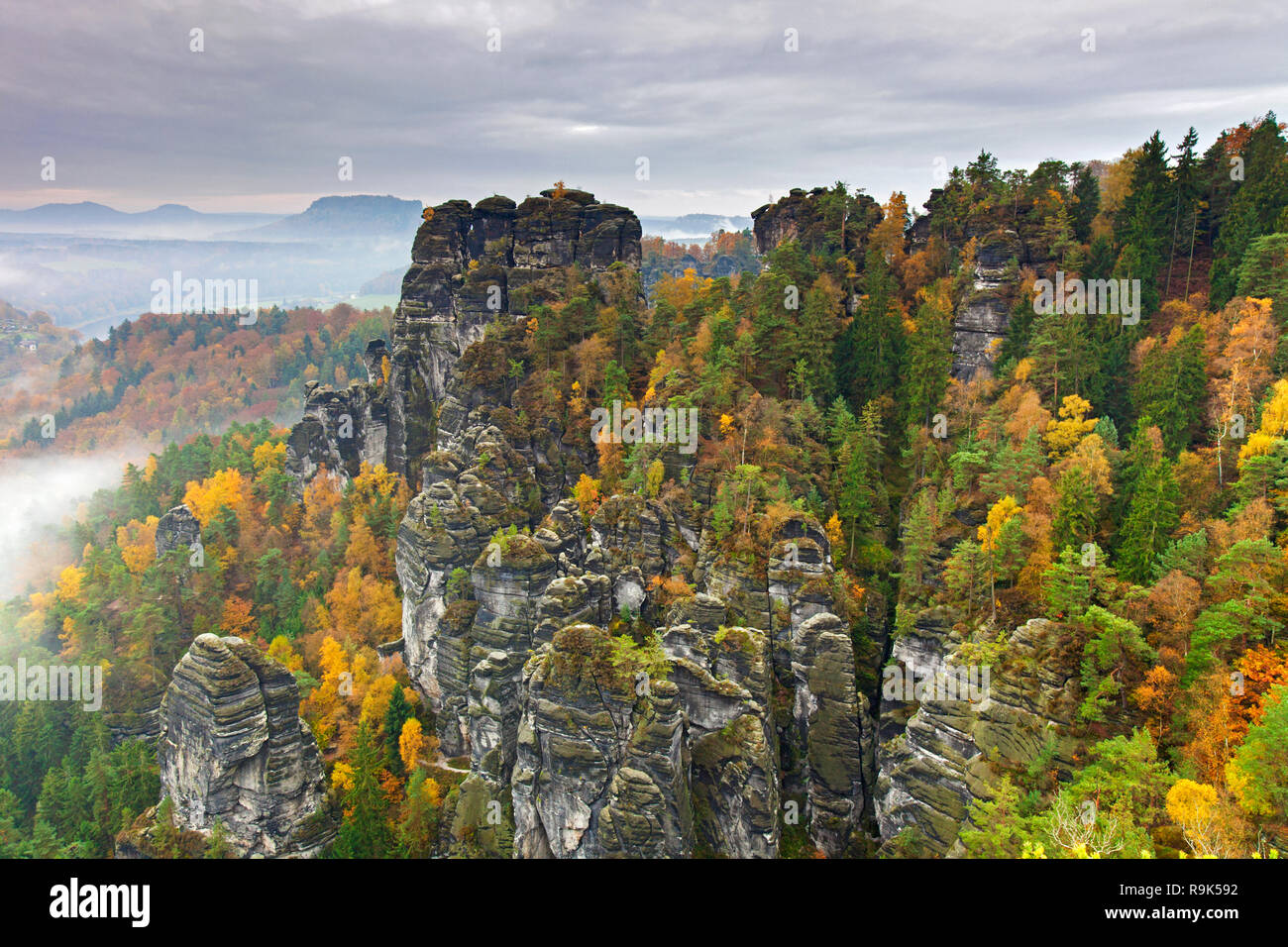 Rock formation Kleine Gans at Raaber Kessel in the  Elbe Sandstone Mountains, Saxonian Switzerland National Park, Saxony, East Germany Stock Photo