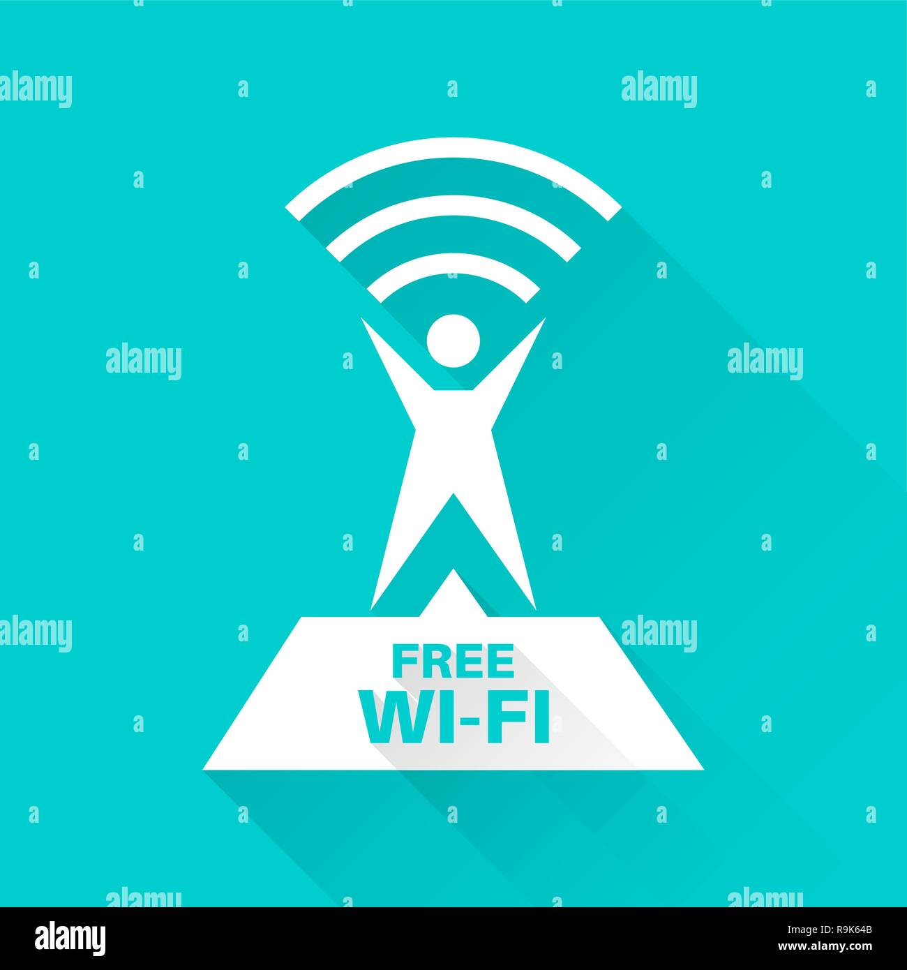 Sign free Wi-Fi.Logotip the stylized figure of the person distributing a signal with a banner on the isolated blue background. Advertizing connection  Stock Vector