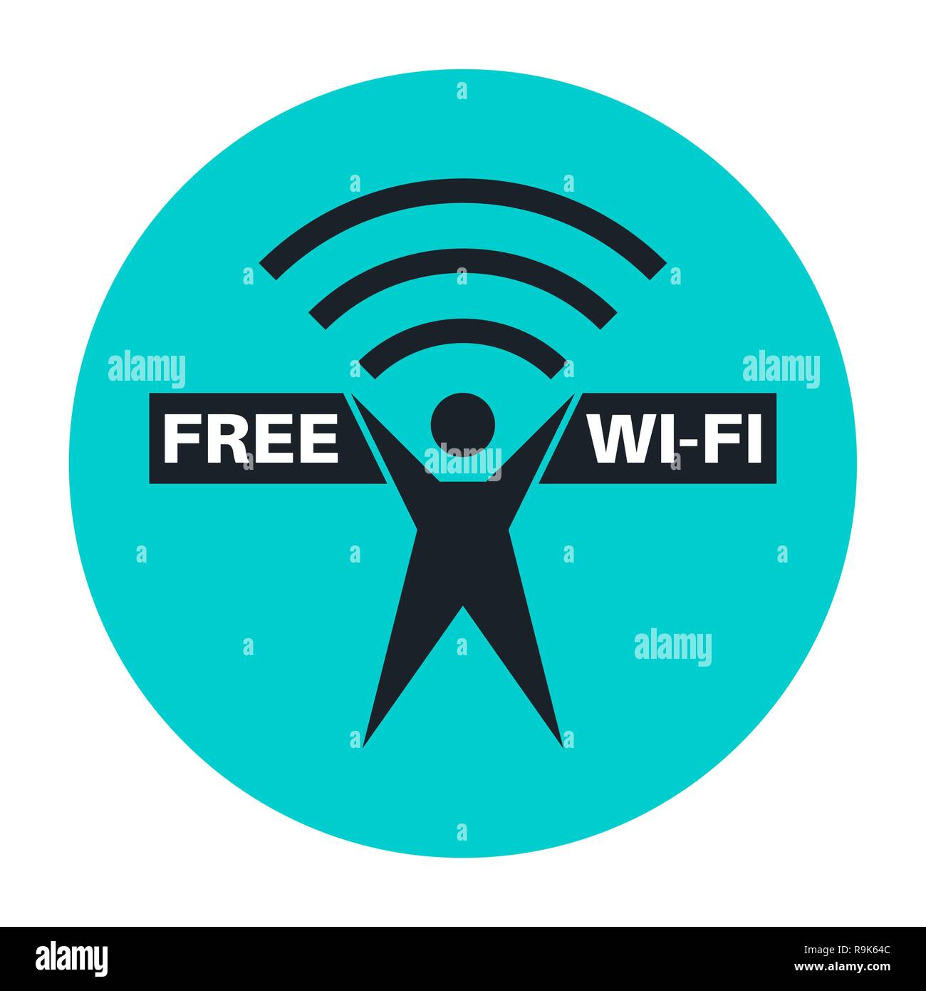 Sign free WI-Fi.Logotip the stylized figure of the person distributing a signal with a banner on the isolated blue background. Advertizing connection  Stock Vector