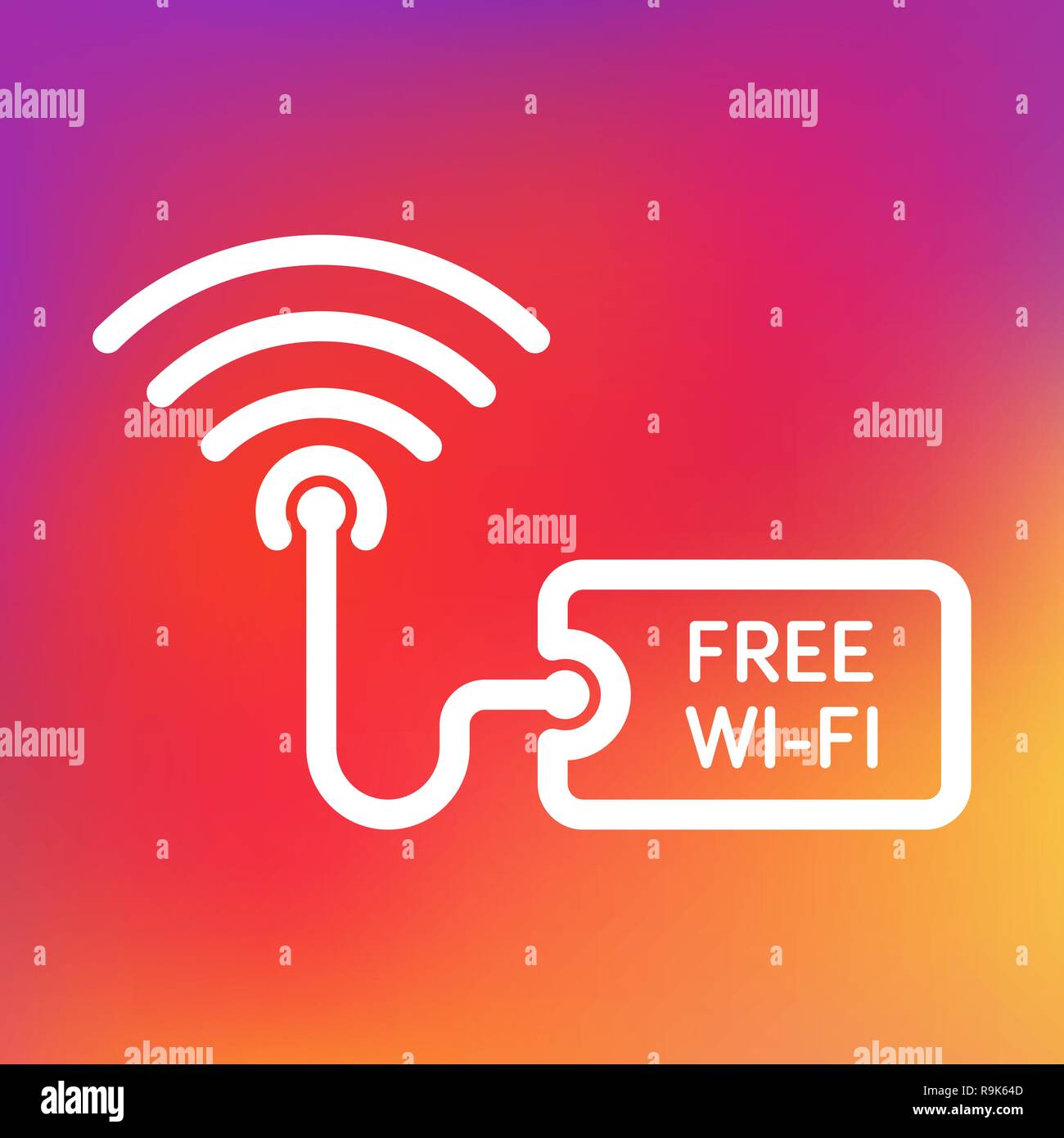 Sign free Wi-Fi in linear style on a multi-color background. Distribution signal Internet. Advertizing banner. Minimalism. Vector illustration. Stock Vector