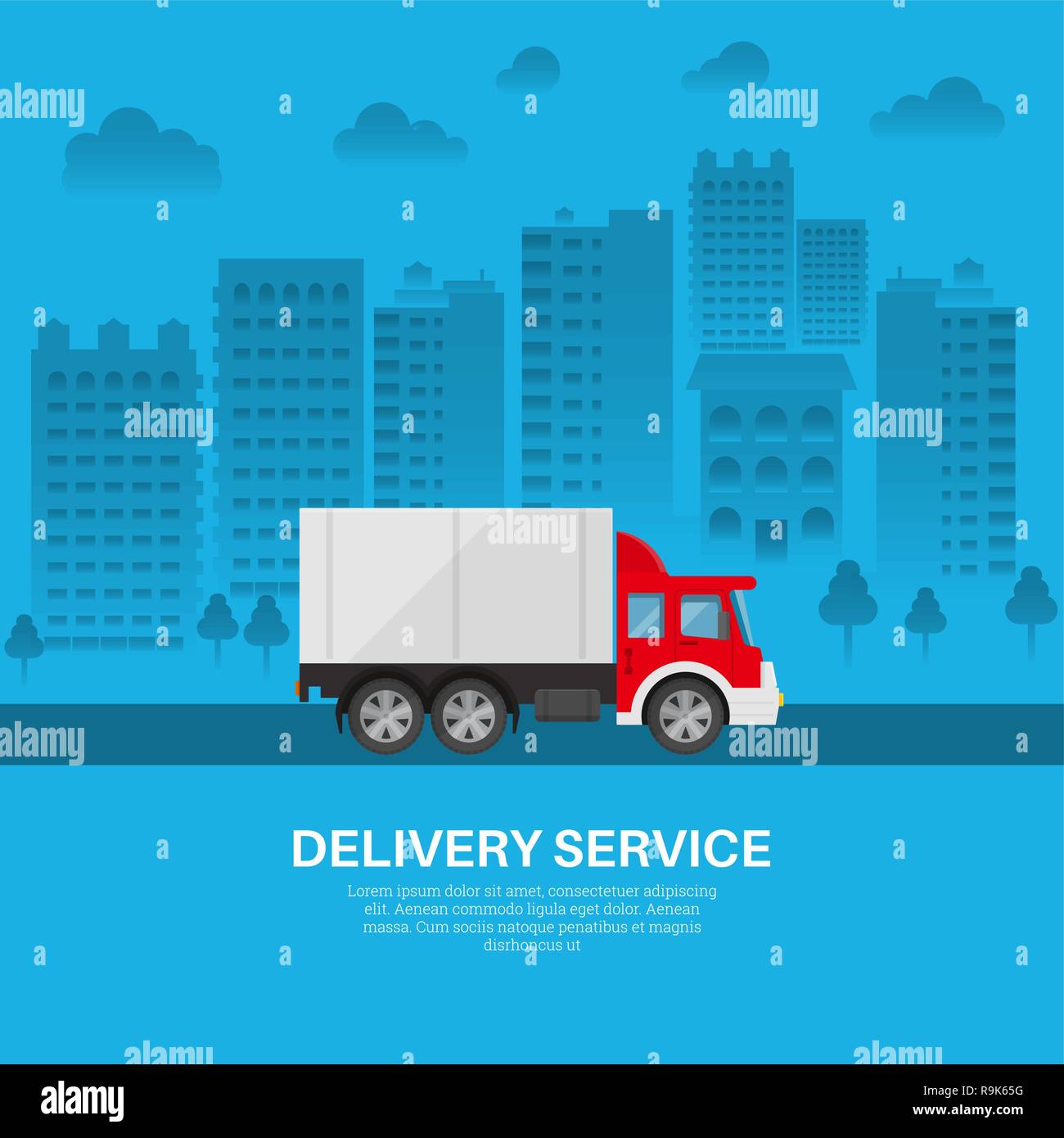 Cargo vehicle on the background of the city. A motor van of the delivery service in the residential massif. Fast transportation of goods. A vector ill Stock Vector