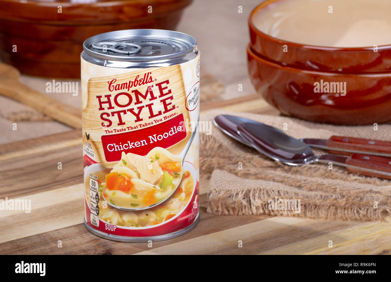 DECEMBER 17, 2018: Closeup of a can of Campbells Home Style Chicken Noodle Soup Stock Photo