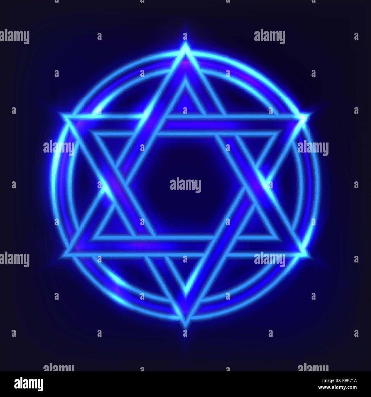 The shining hexagram. The ancient symbol in neon style concluded in a circle. Concept of the universe and spiritual life. Esoteric signs of evolution  Stock Vector
