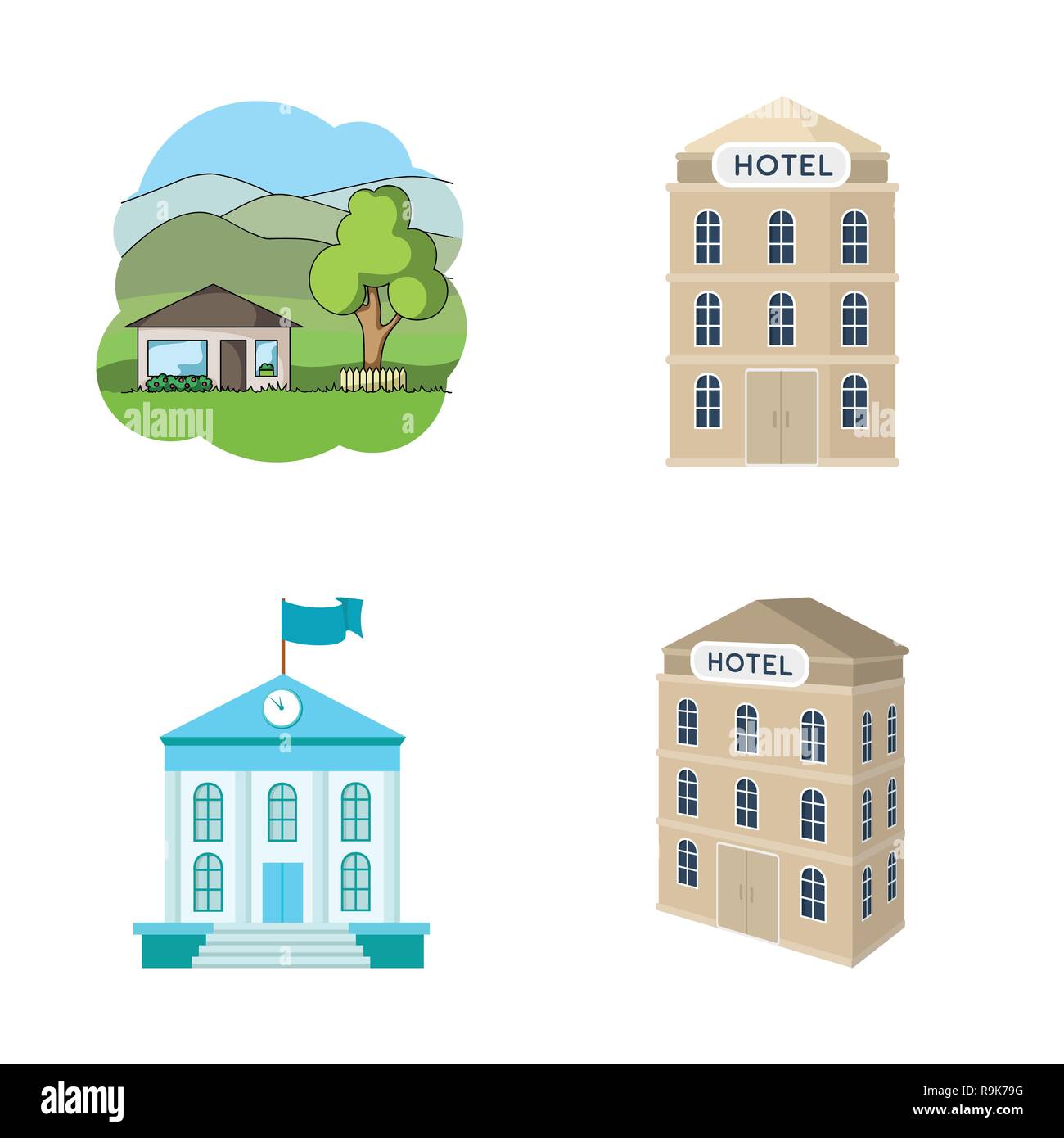 hut,housing,architecture,tree,room,office,farm,village,building,city ,house,business,school,hotel,shop,theater,museum,design,set,vector,icon,illustration,isolated,collection,element,graphic,sign, cartoon,color, Vector Vectors Stock Vector Image & Art - Alamy