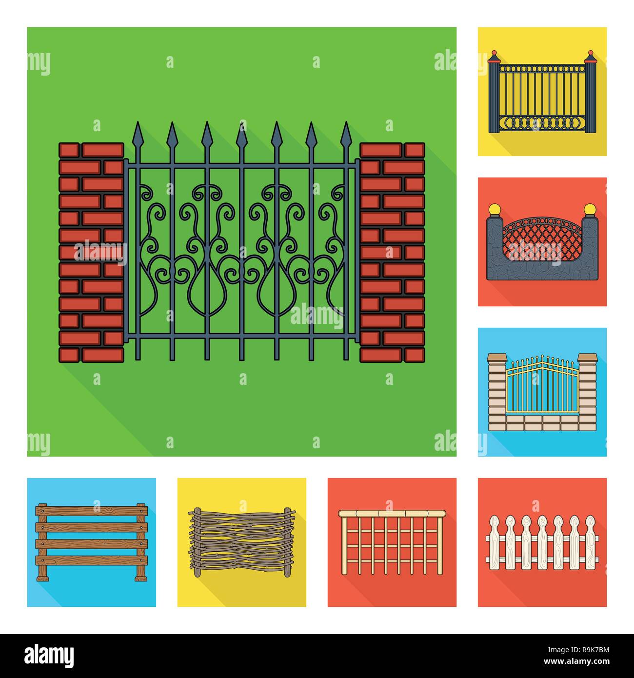Vector illustration of gate and fence symbol. Set of gate and wall