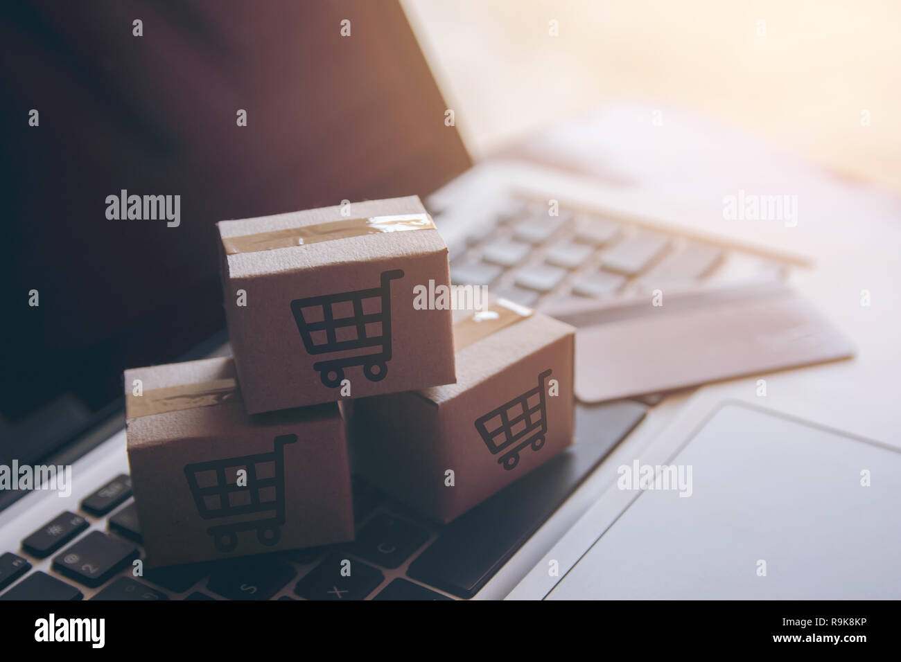 Shopping online concept - Shopping service on The online web. with payment by credit card and offers home delivery. parcel or Paper cartons with a sho Stock Photo