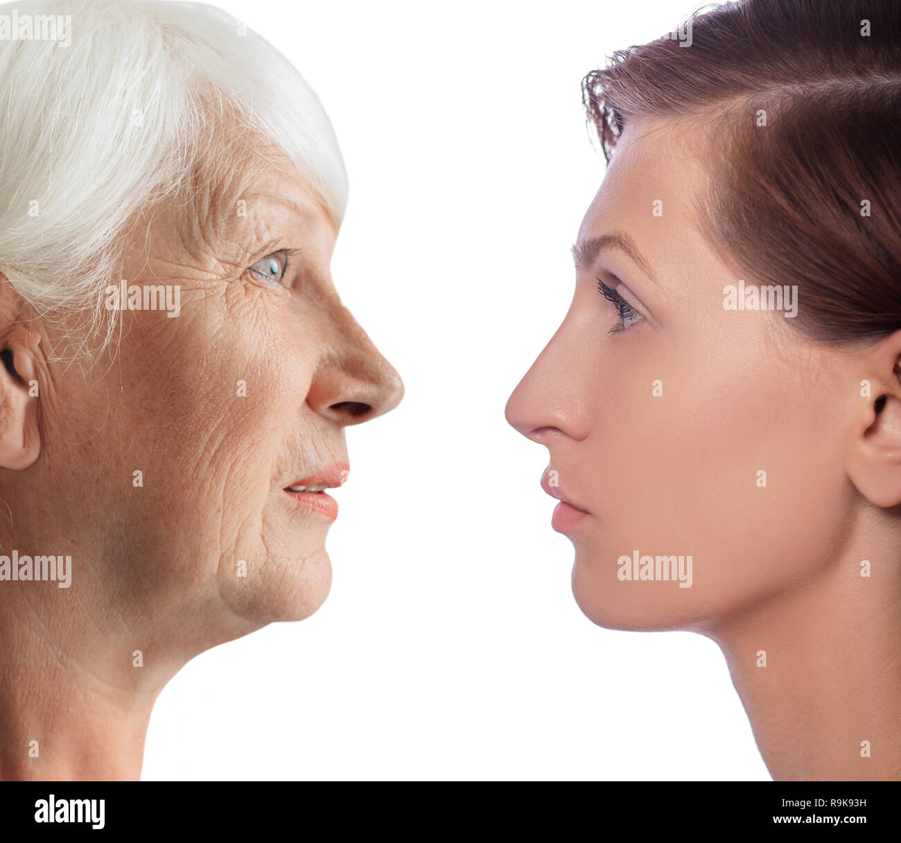 Showing aging process. Faces young women and aged woman. Comparison female faces, aging process Stock Photo