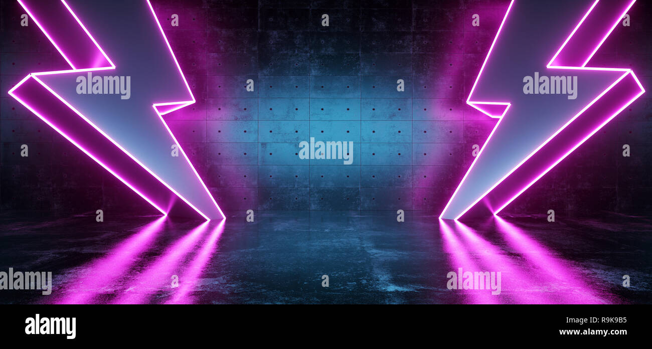 Neon Purple Glowing Futuristic Sci Fi Modern Lightning Bolt High Voltage Shapes In Dark Concrete Reflective Grunge Room Empty Space For Text Symbol Ba Stock Photo Alamy