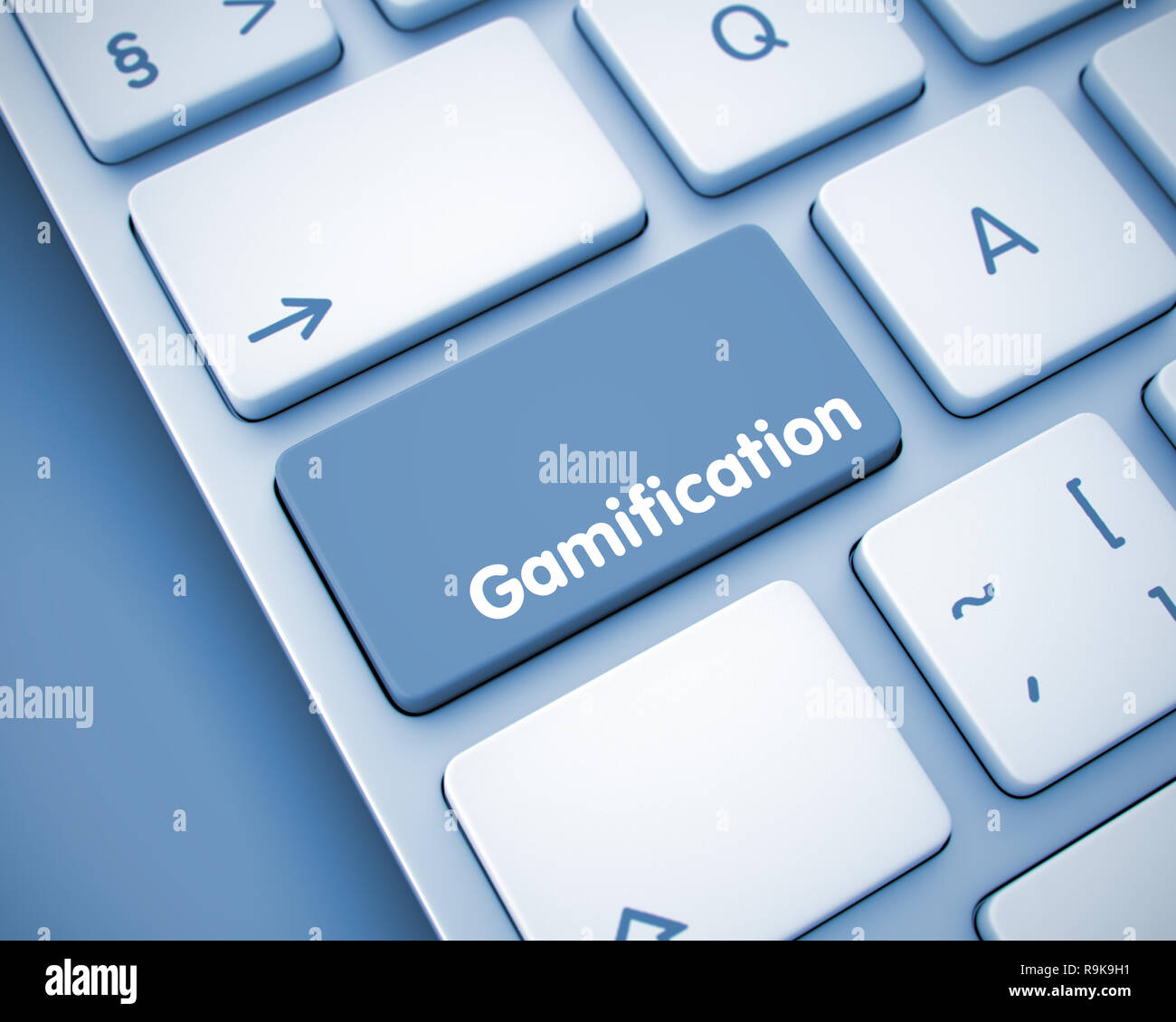 Modern Keyboard with Gamification Button. High Quality Render of a Modern Keyboard Key. The Button is in Color and there is Message Gamification on It Stock Photo