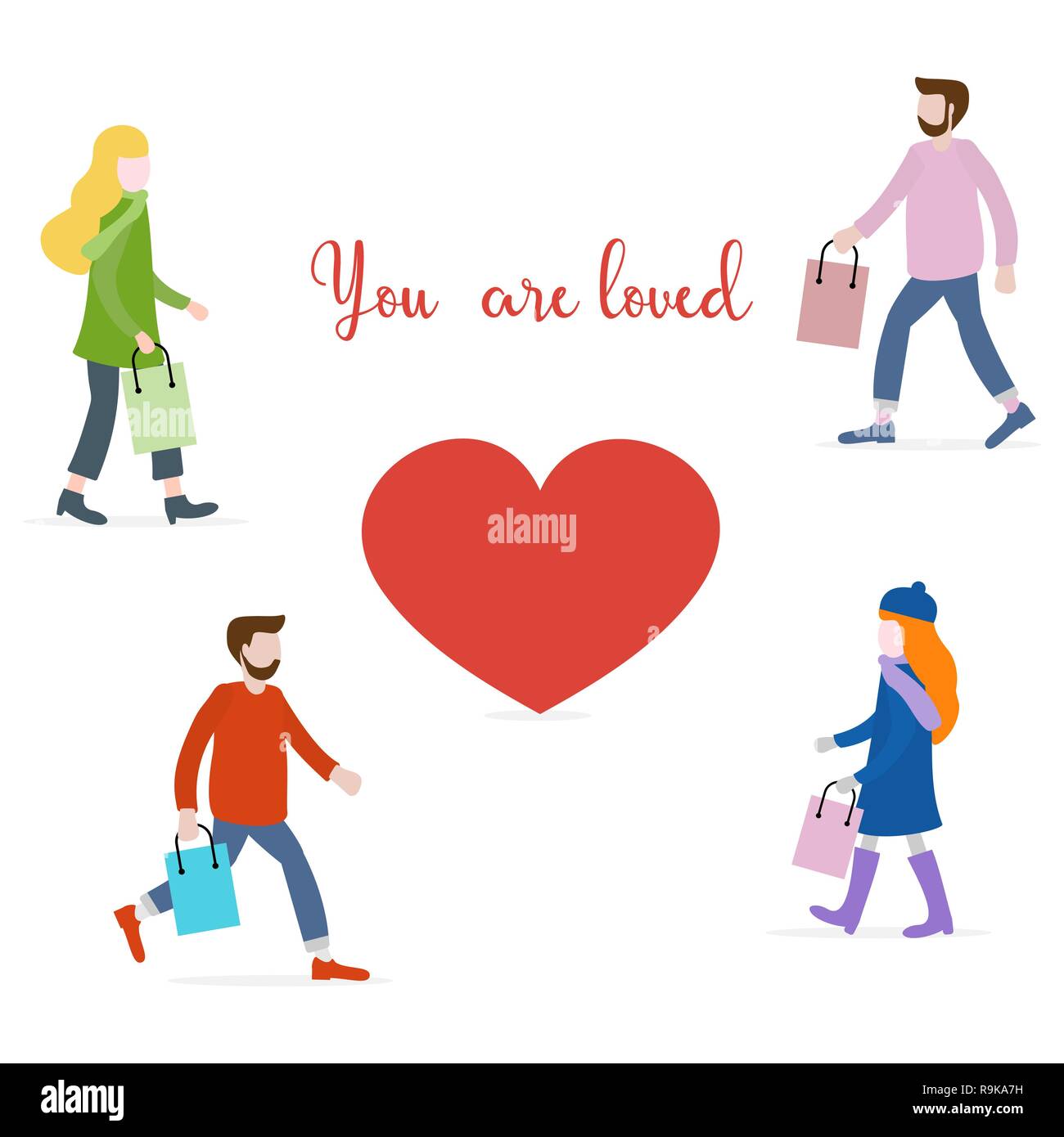 Vector illustration with people carry purchases, gifts for loved ones