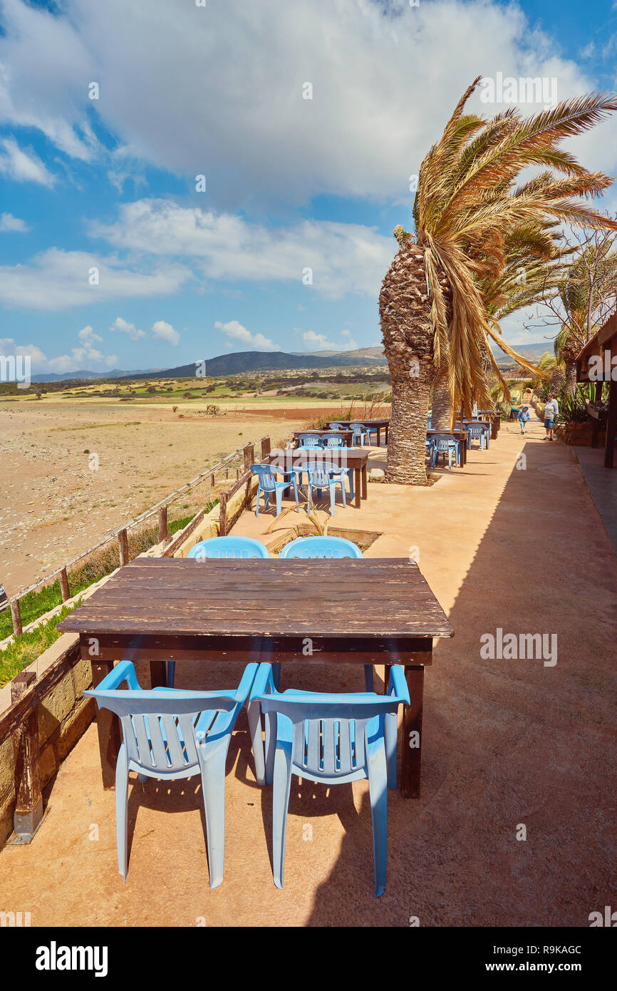 Tables and chairs in a cafe with palm trees on the beach Lara, Cyprus Stock Photo