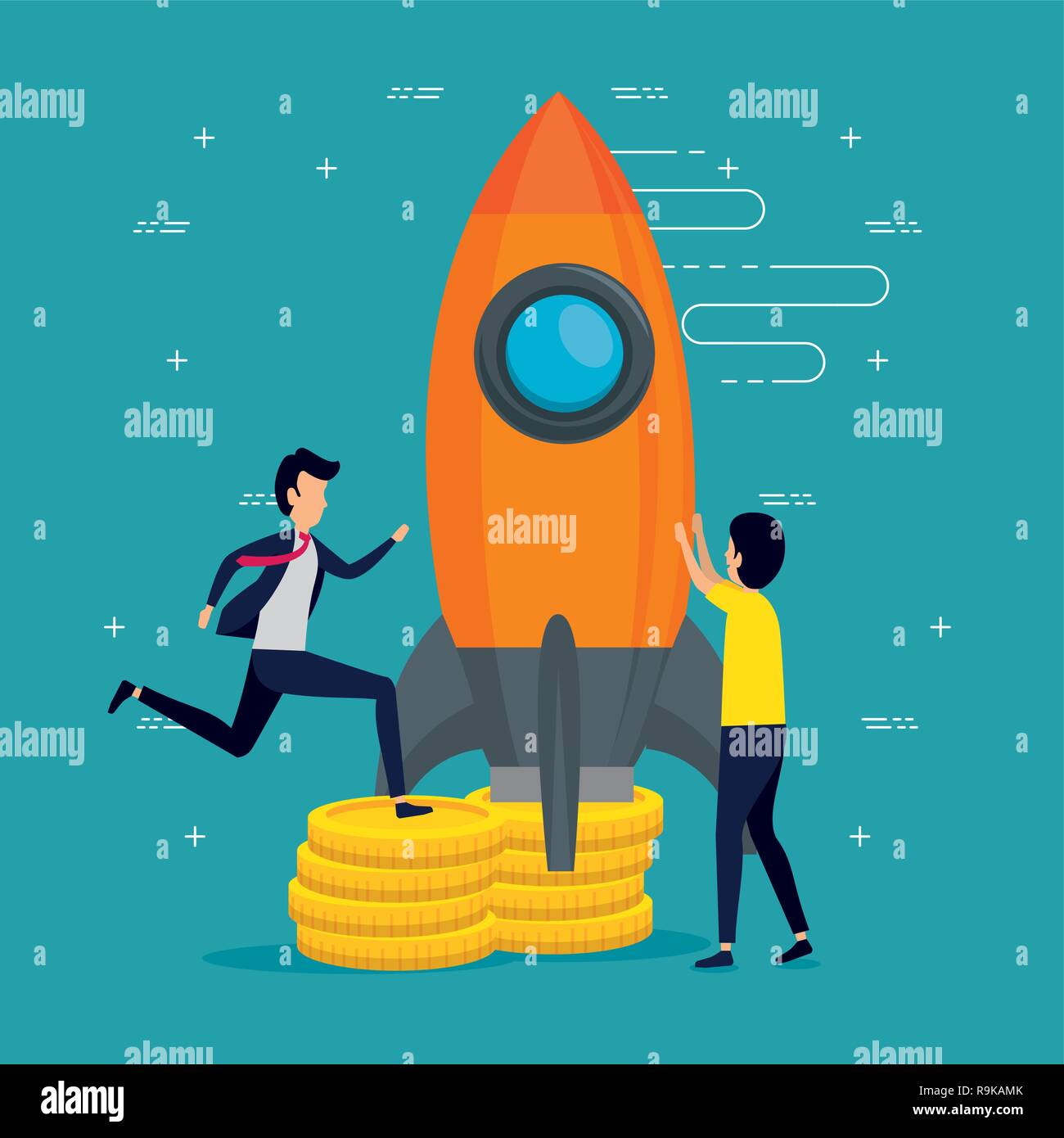 men business teamwork with rocket and coins Stock Vector Image & Art ...
