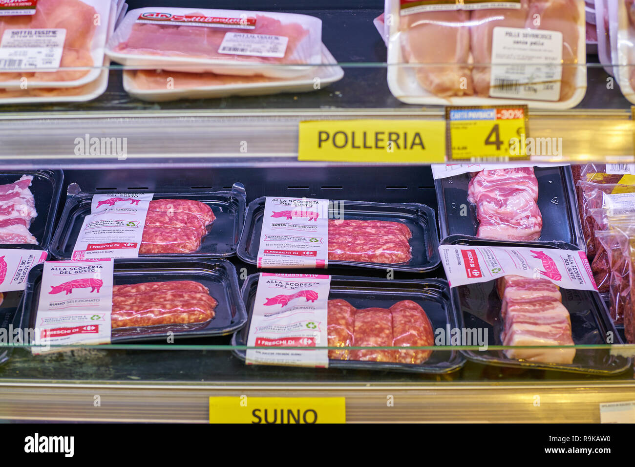 MILAN, ITALY - CIRCA NOVEMBER, 2017: assortment of meat products on display  for sale at Carrefour Express in Milan Stock Photo - Alamy