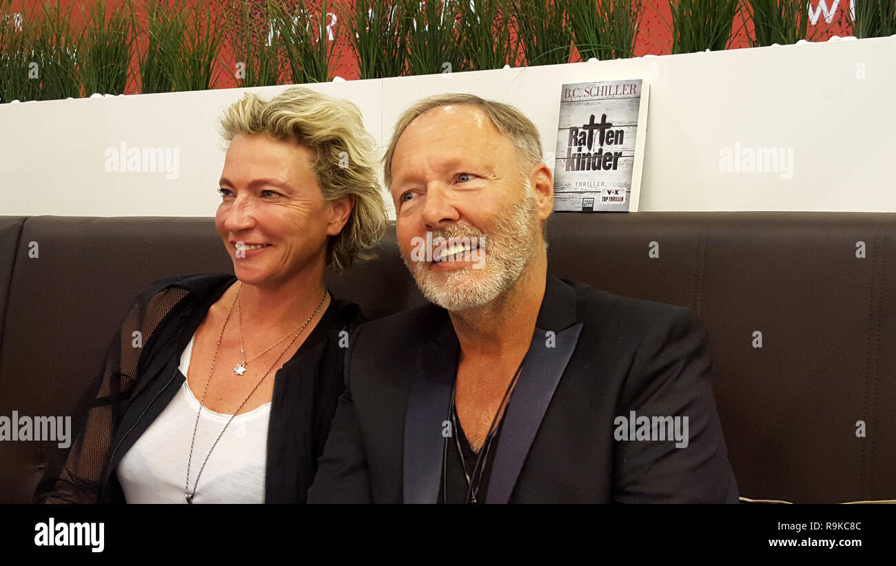 the authors christian schiller and barbara schiller during the meet and greet at a talking round at the book fair 2015 in frankfurt am main germany Stock Photo
