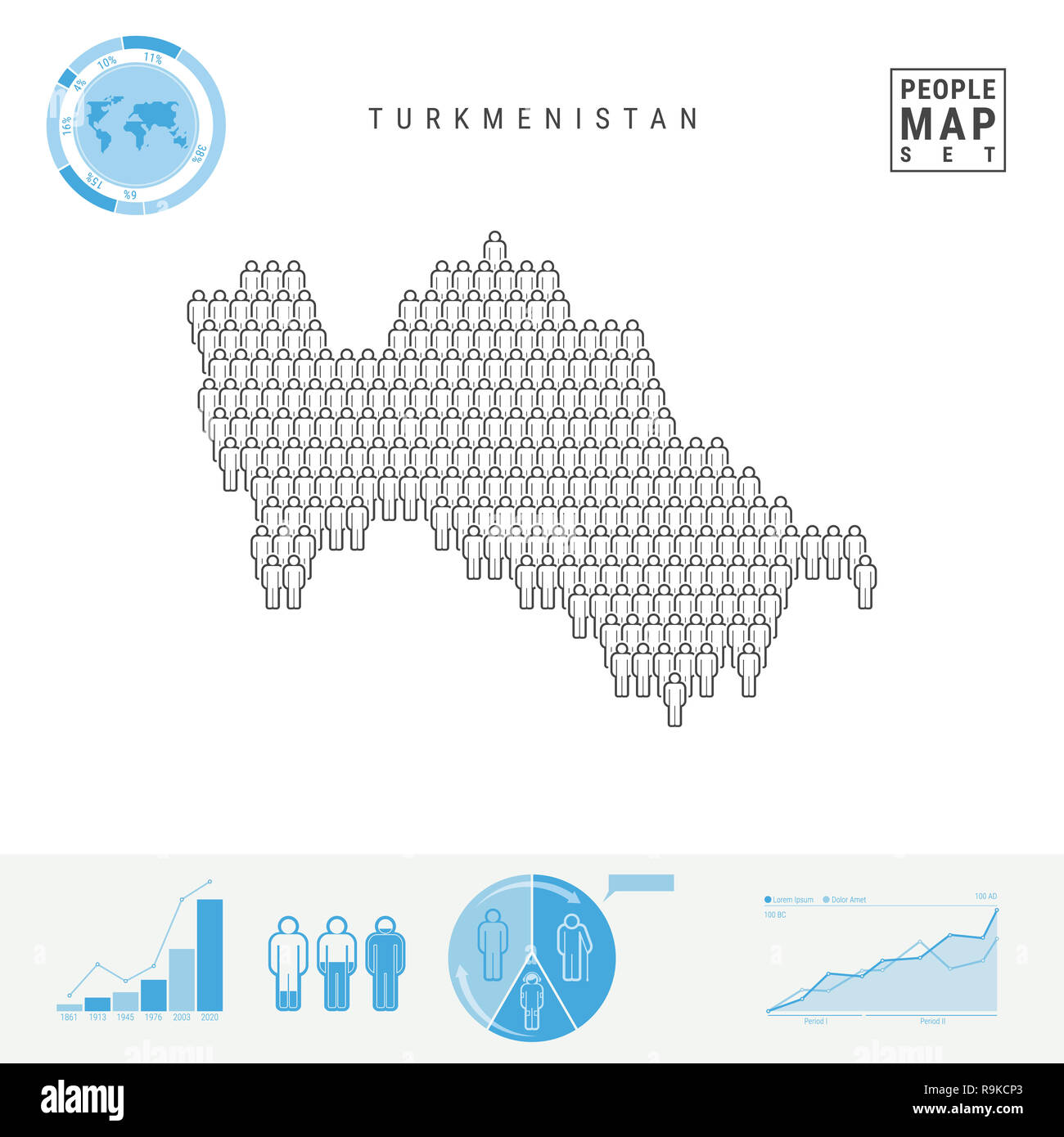 Turkmenistan People Icon Map. People Crowd in the Shape of a Map of Turkmenistan. Stylized Silhouette of Turkmenistan. Population Growth and Aging Inf Stock Photo