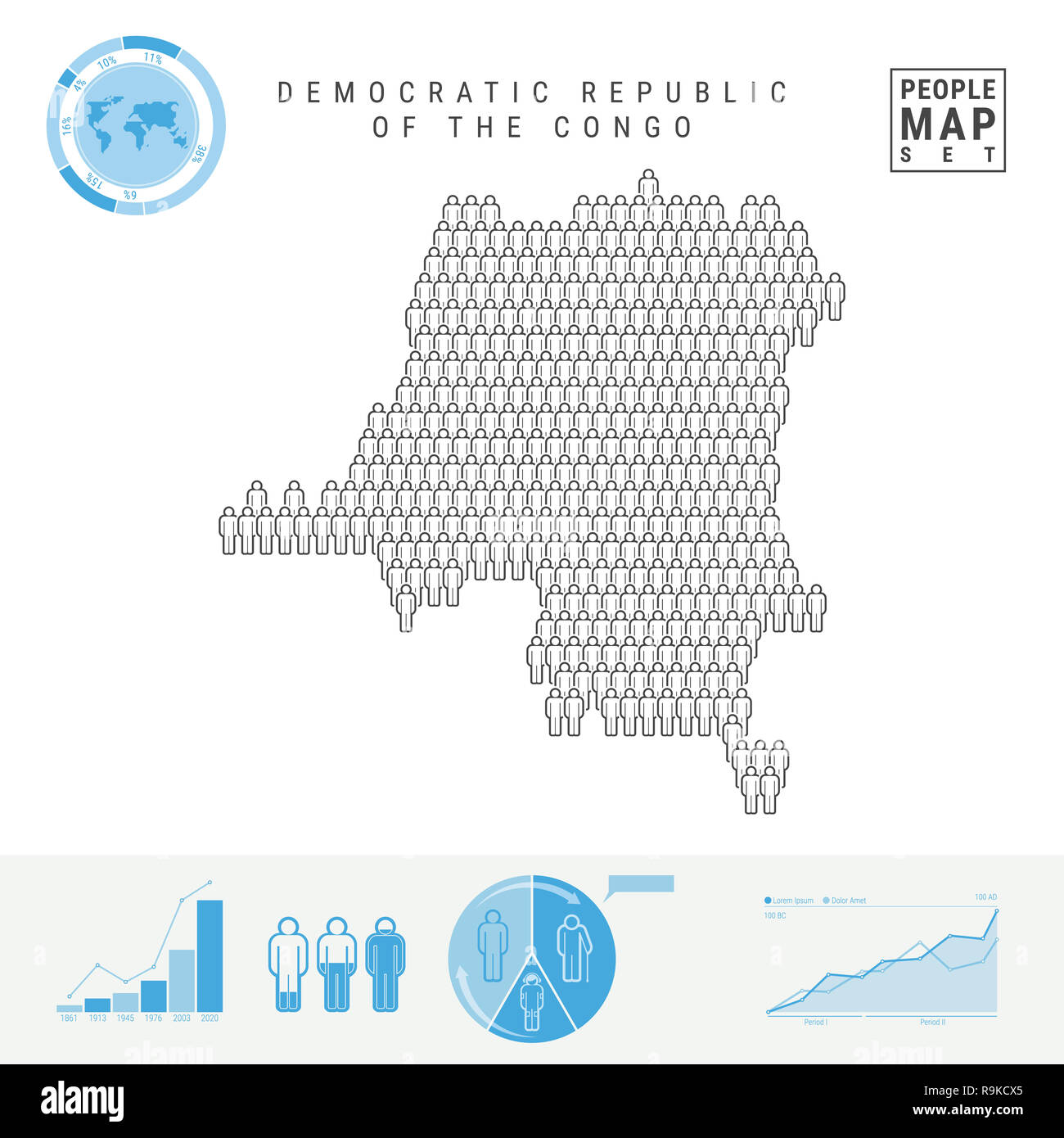 Democratic Republic of the Congo People Icon Map. People Crowd in the Shape of a Map of DR Congo. Stylized Silhouette. Population Growth and Aging Inf Stock Photo