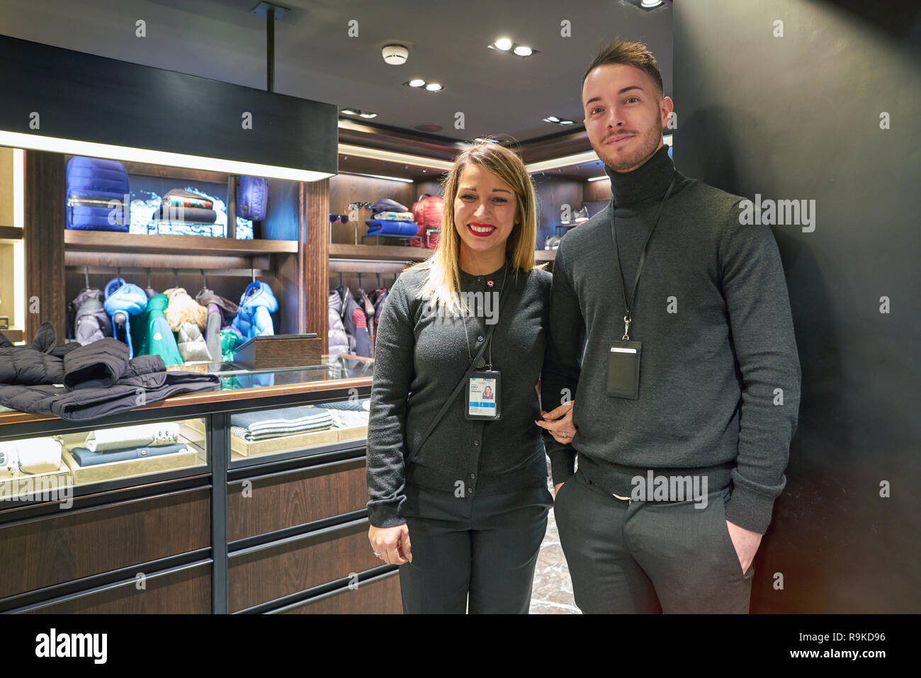 ROME, ITALY - CIRCA NOVEMBER, 2017: indoor portrait of staff at a Moncler  store in Fiumicino International Airport. Moncler is an Italian apparel  manu Stock Photo - Alamy