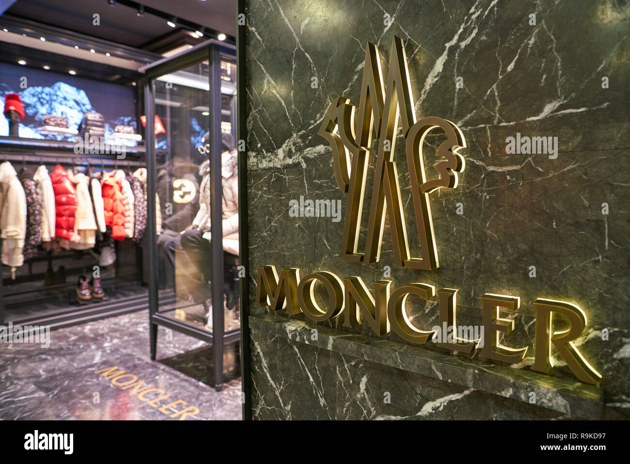 ROME, ITALY - CIRCA NOVEMBER, 2017: close up shot of Moncler sign at a  store in Fiumicino International Airport. Moncler is an Italian apparel  manufac Stock Photo - Alamy