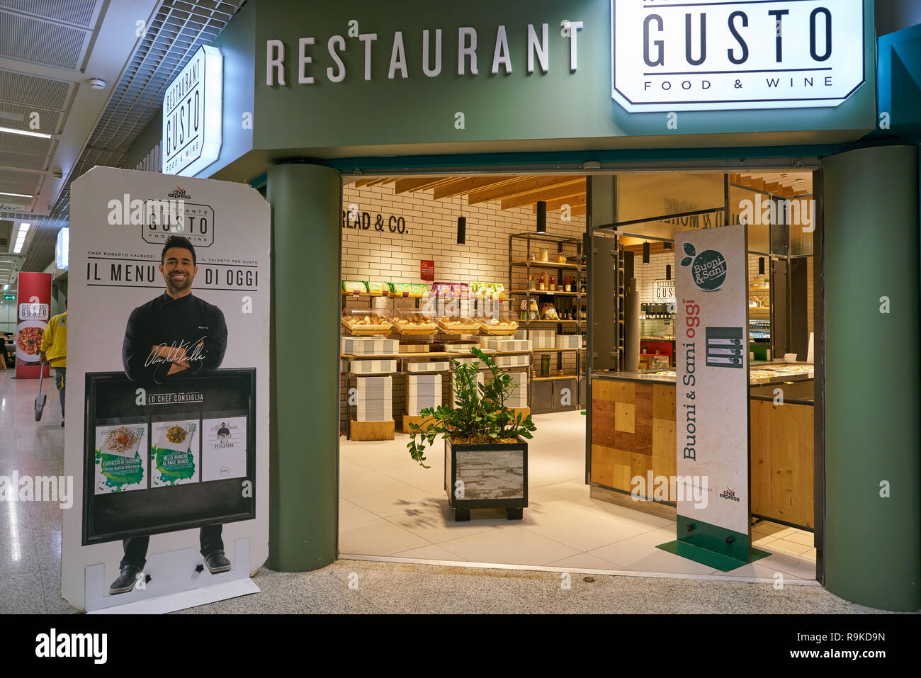 ROME, ITALY - CIRCA NOVEMBER, 2017: entrance to Gusto Restaurant in Fiumicino International Airport 'Leonardo da Vinci' Stock Photo