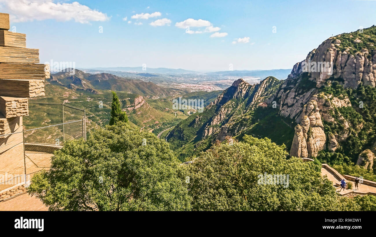 Fragment of the mountain of Montserrat, view down from the mountain and on the observation deck. Location: 50 km from Barcelona, Spain. Stock Photo