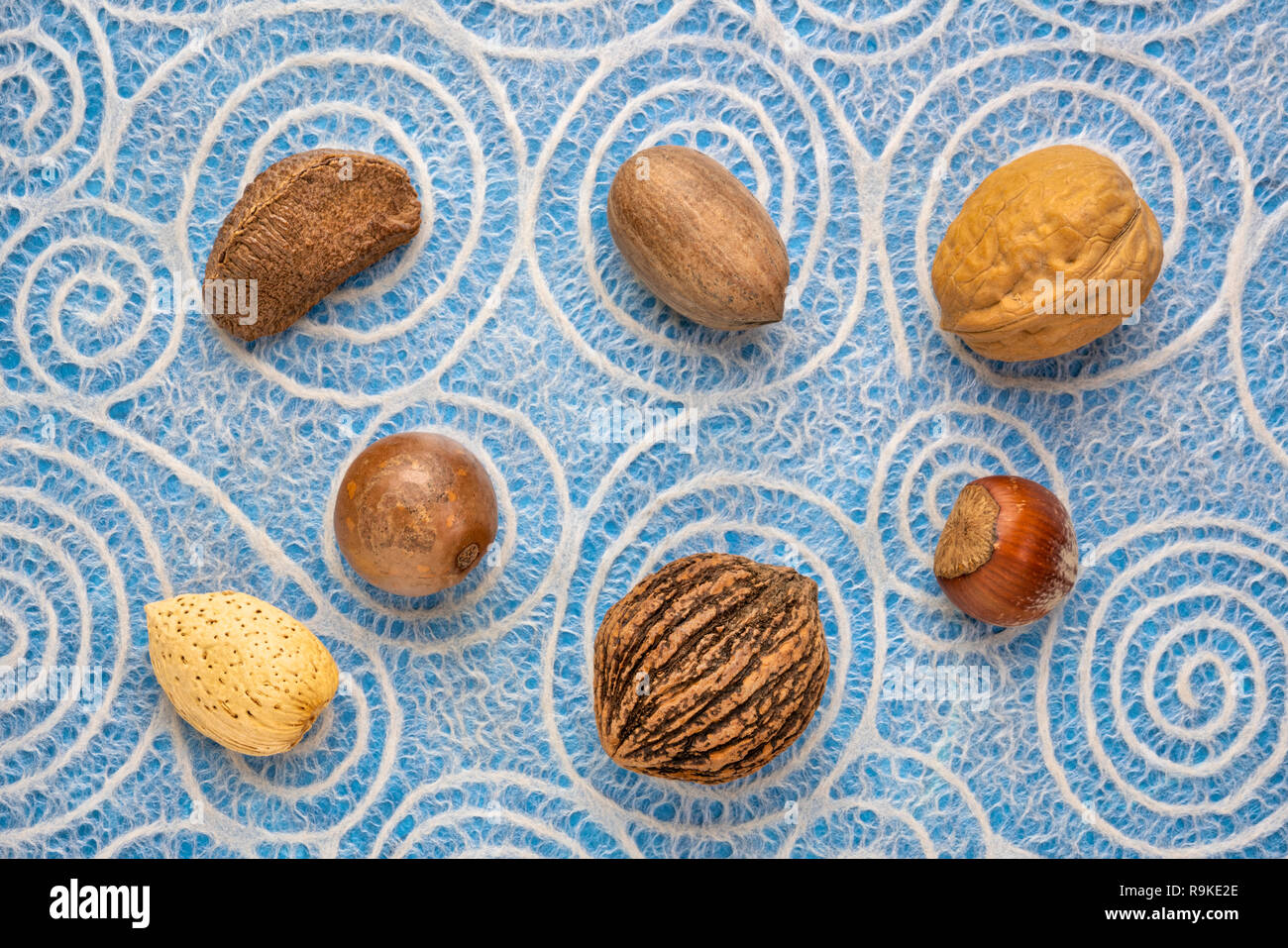 variety of nuts in shells (Brazilian, pecan, English walnut, hazelnut, black walnut, macadamia, almond) against Japanese lace paper with spiral patter Stock Photo