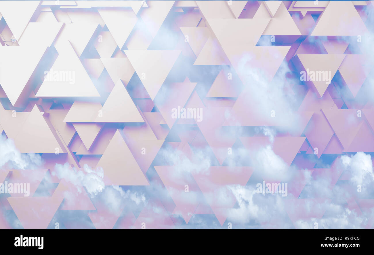 Abstract digital background, triangular pattern over cloudy sky, High-tech 3d render illustration Stock Photo