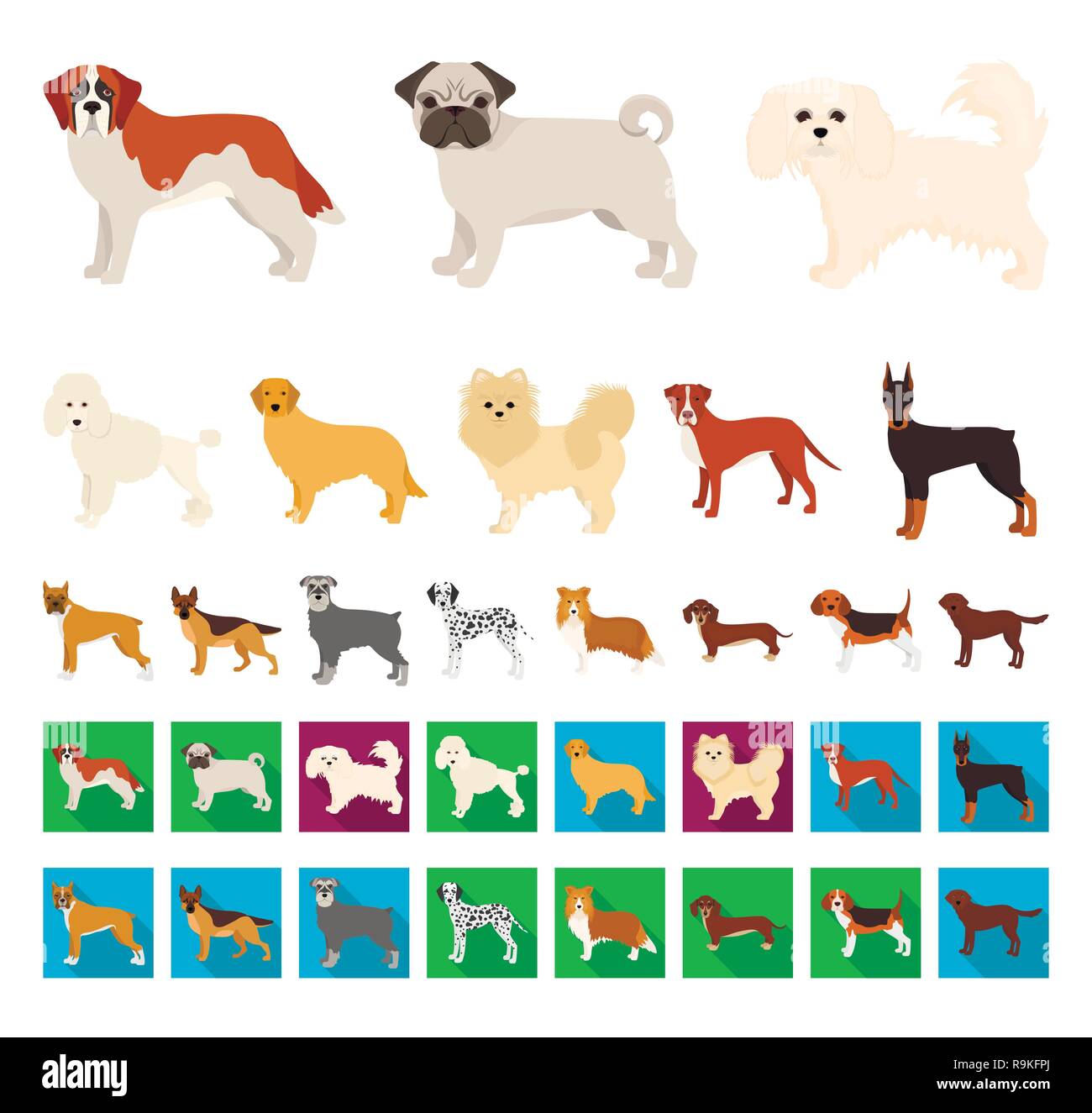 Dog breeds cartoon,flat icons in set collection for design.Dog pet vector symbol stock  illustration. Stock Vector