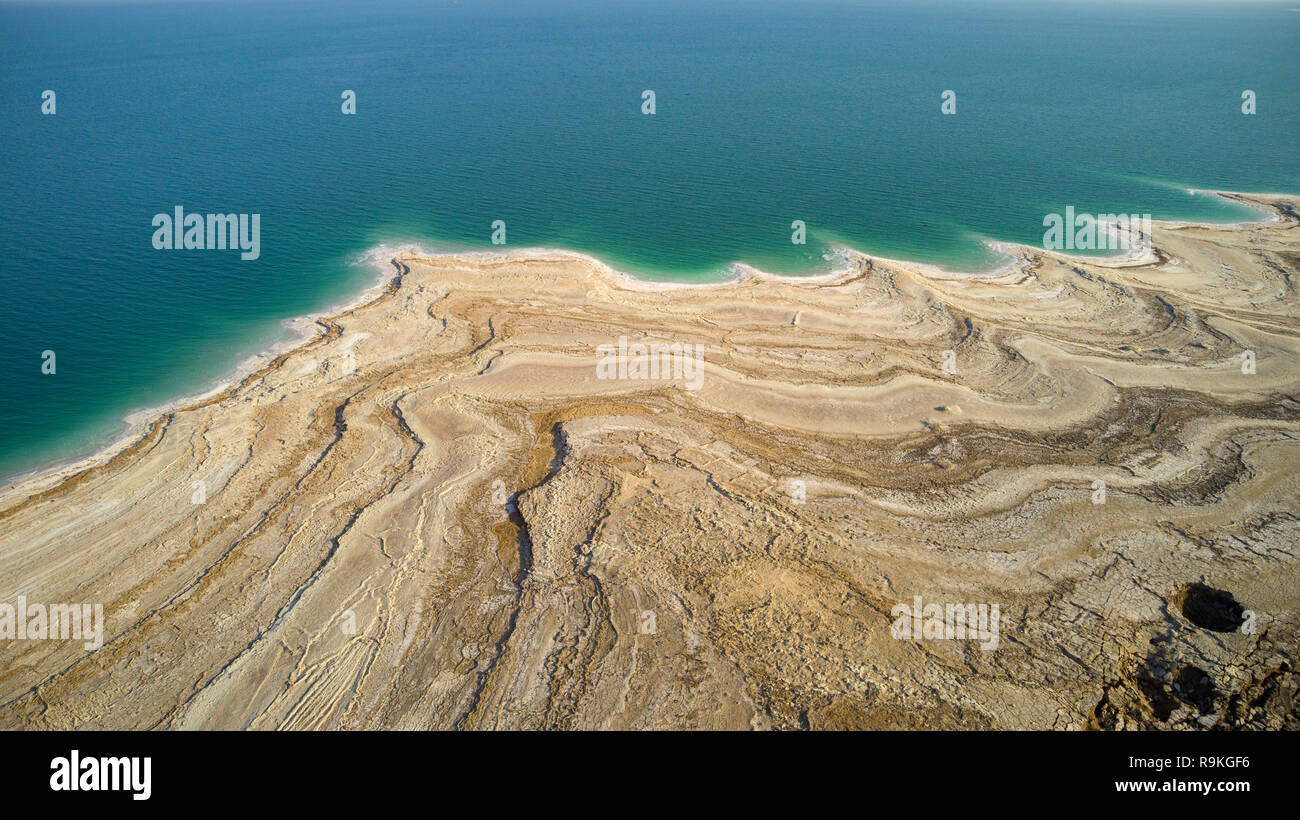 Aerial Photography with a drone. Elevated view of the shore of the Dead Sea, Israel Stock Photo