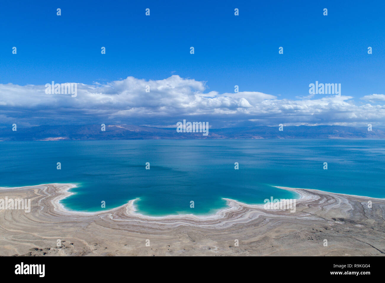 Aerial Photography with a drone. Elevated view of the shore of the Dead Sea, Israel Stock Photo