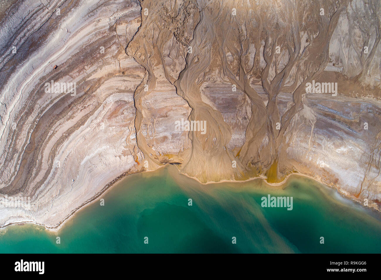 Aerial Photography with a drone. Elevated view of the shore of the Dead Sea, Israel Stock Photo