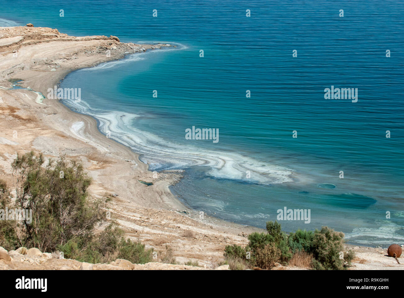 Elevated view of the shore of the Dead Sea, Israel Stock Photo