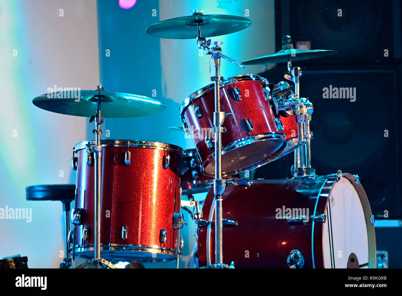 Closeup of musical drum set is ready to play in a live stage