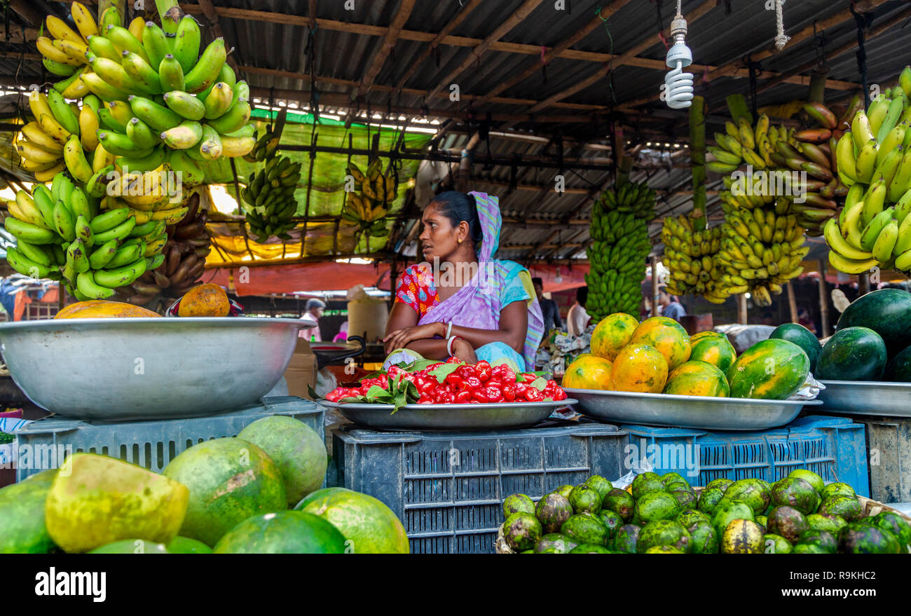 Women shopkeeper , fruit shop in rural Bangladeshi market Stock Photo