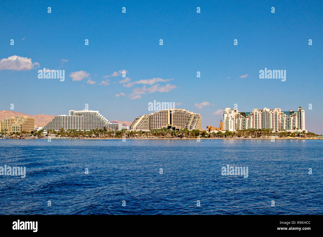 Israel, Eilat Beach, Hotels in the background as seen from the Red Sea Stock Photo