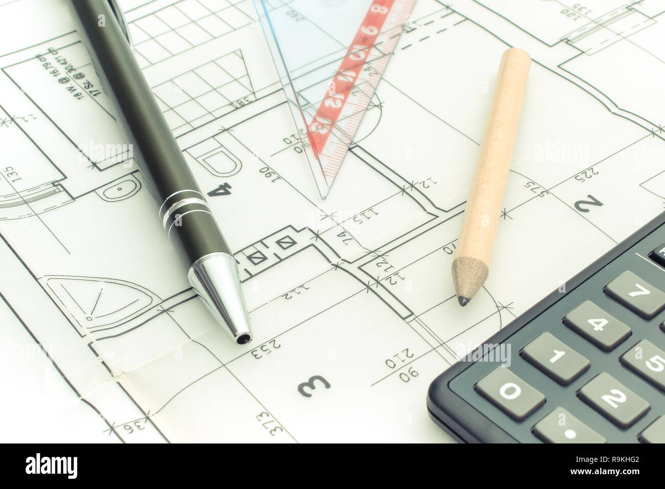 Drawing accessories and calculator on electrical construction drawing