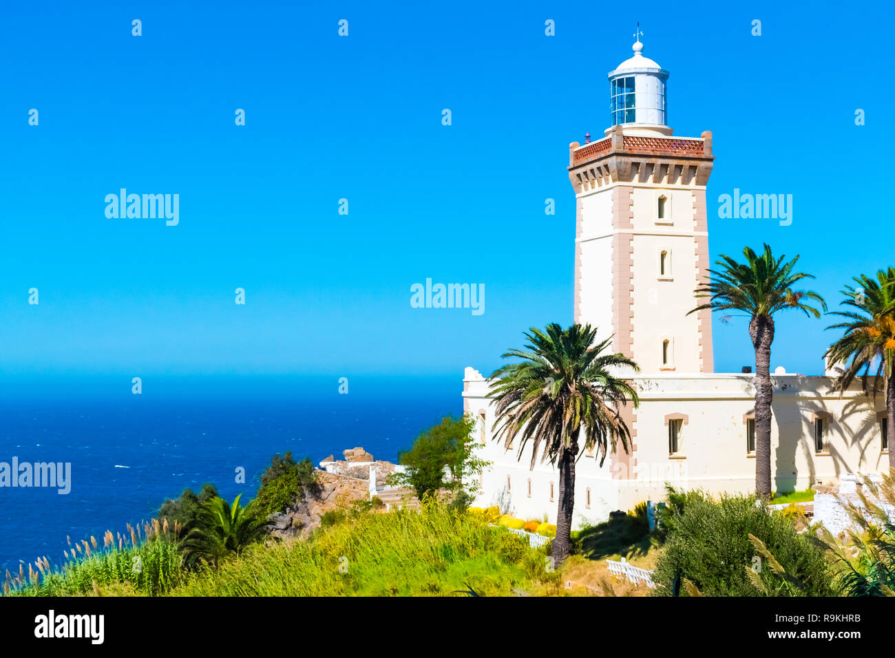 Beautiful Lighthouse of Cap Spartel close to Tanger city and Gibraltar, Morocco in Africa Stock Photo