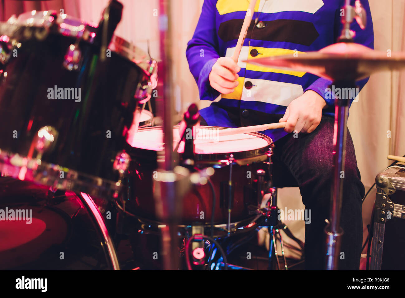 Professional drum set closeup. Drummer with drums, live music concert