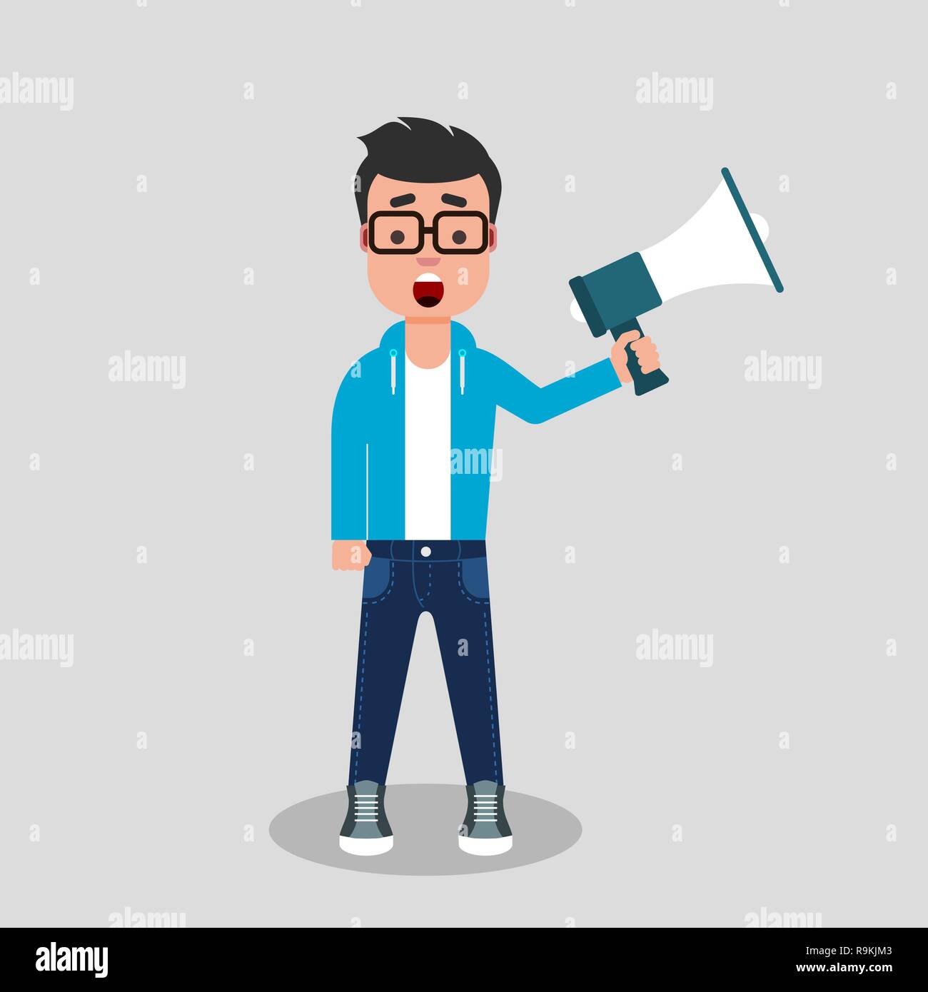 Young man in jeans and sweatshirt protests with a megaphone in his hand. Human rights, fight for freedom, riot, concept. Stock Vector illustration Stock Vector