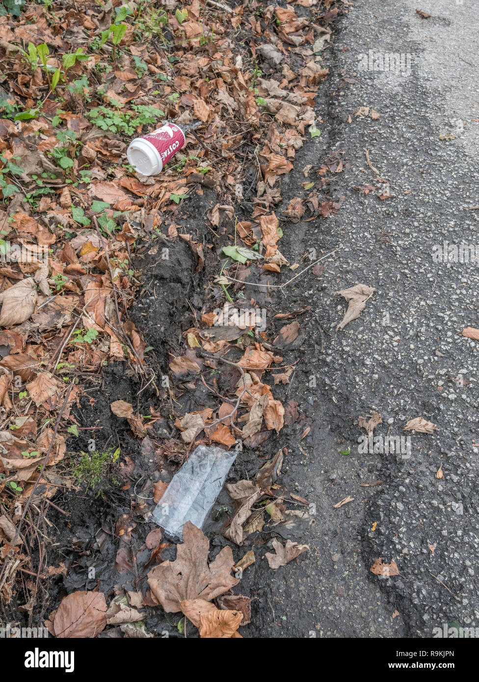Plastic rubbish discarded beside in rural road hedgerow. Metaphor plastic pollution, environmental pollution, war on plastic waste, plastic rubbish. Stock Photo