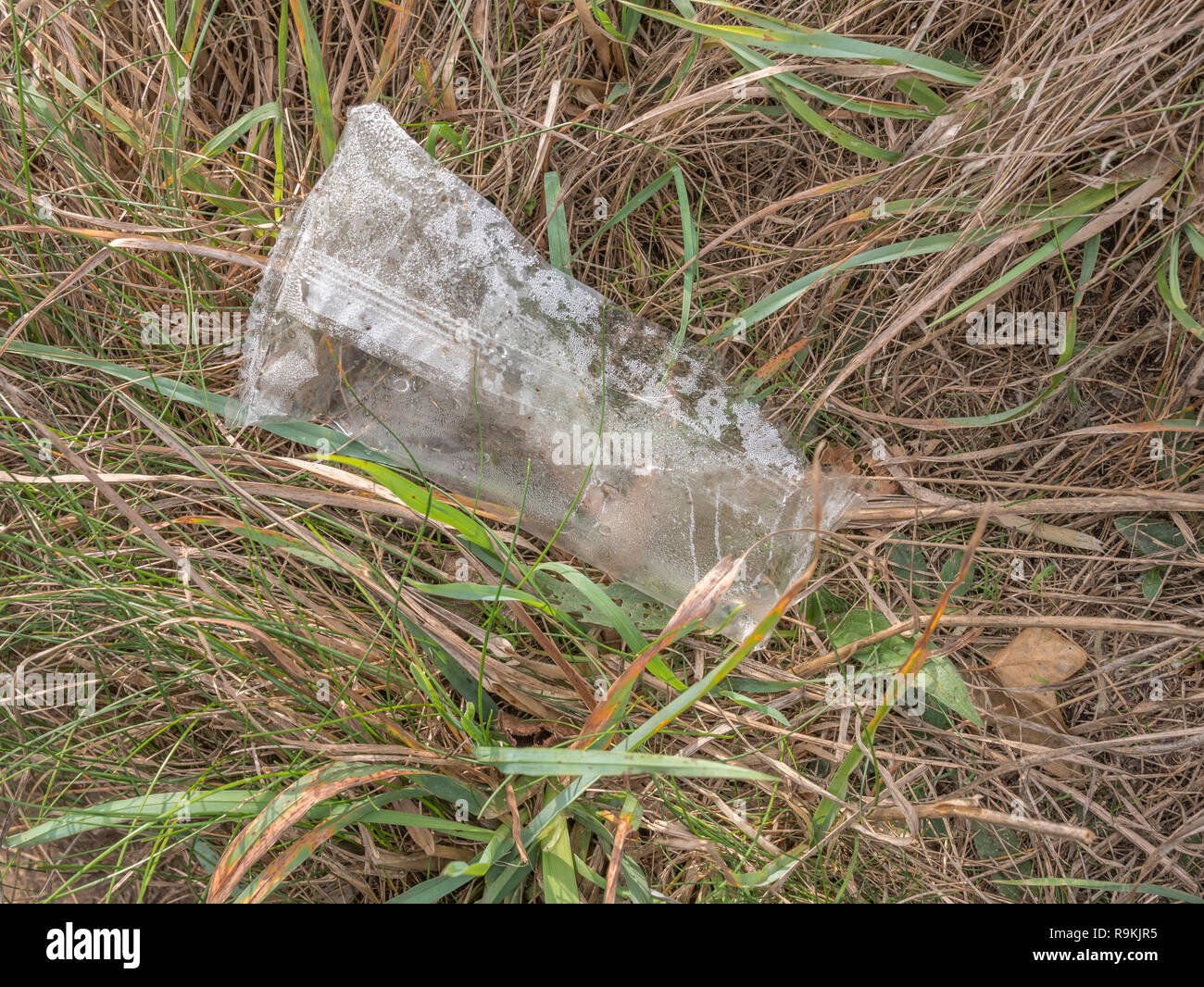 Soft plastic food wrapper discarded in rural hedgerow ditch. For plastic pollution, environmental pollution, war on plastic waste, plastic rubbish. Stock Photo